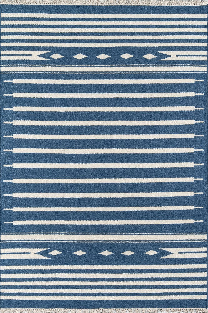 IVORY AND BLUE KILIM HAND WOVEN DHURRIE