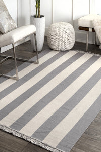 GREY AND IVORY STRIPES HAND WOVEN DHURRIE by Imperial Knots - Image 2