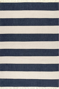 Blue and ivory stripes hand woven dhurrie wool hand-woven rug for kids