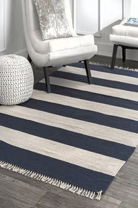 BLUE AND IVORY STRIPES HAND WOVEN DHURRIE by Imperial Knots - Image 2