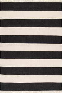 Charcoal and ivory stripes hand woven dhurrie wool hand-woven rug for kids