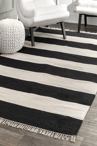 CHARCOAL AND IVORY STRIPES HAND WOVEN DHURRIE by Imperial Knots - Image 2
