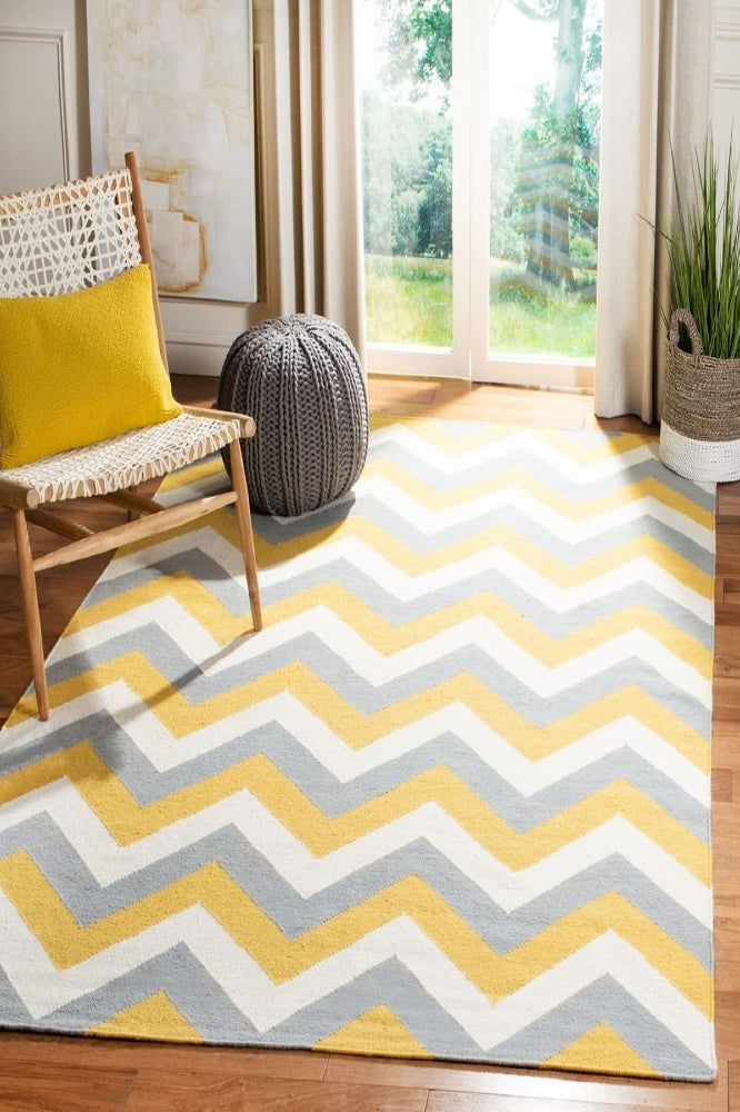 YELLOW AND GREY CHEVRON HAND WOVEN DHURRIE