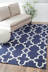 BLUE AND WHITE GEOMETRIC HAND WOVEN DHURRIE by Imperial Knots - Image 2