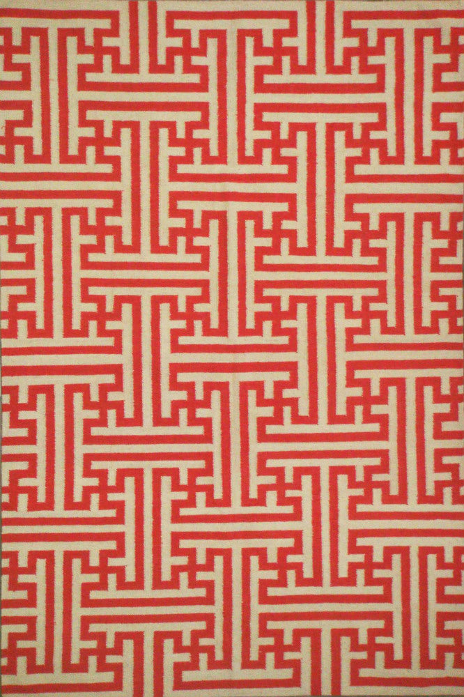 RED AND IVORY GREEK KEY HAND WOVEN DHURRIE