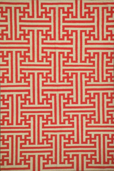 RED AND IVORY GREEK KEY HAND WOVEN DHURRIE