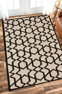 BEIGE AND BLACK GEOMETRIC HAND WOVEN DHURRIE by Imperial Knots - Image 2