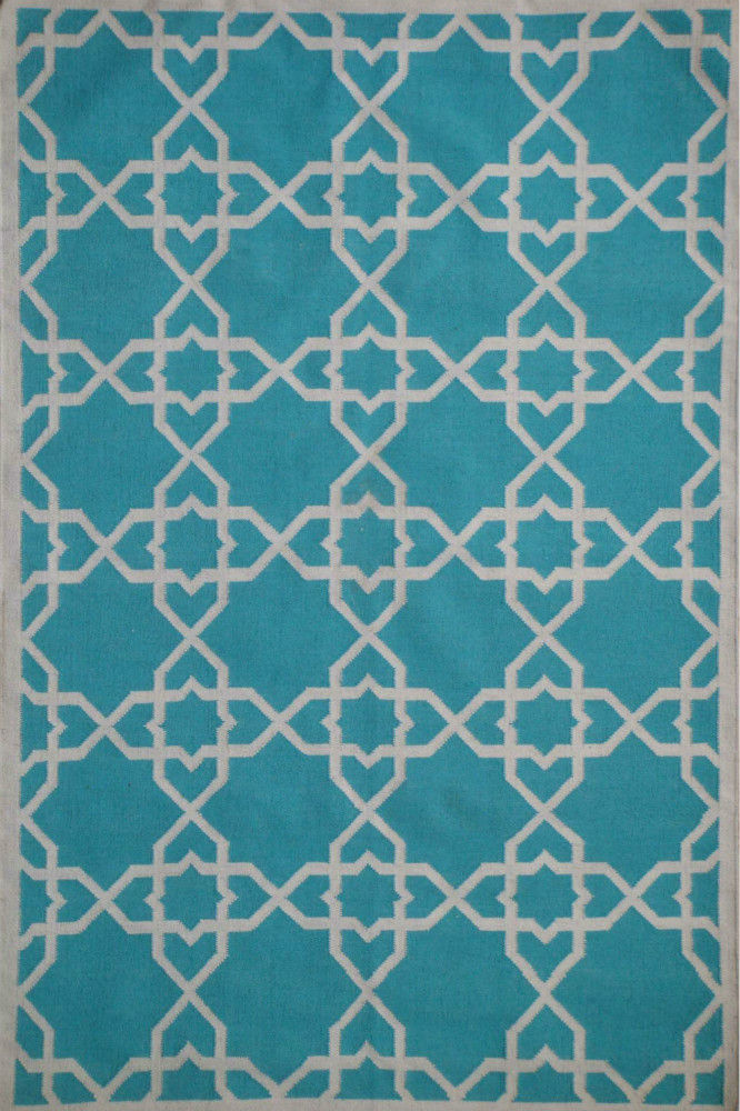 BLUE AND IVORY TRELLIS HAND WOVEN DHURRIE