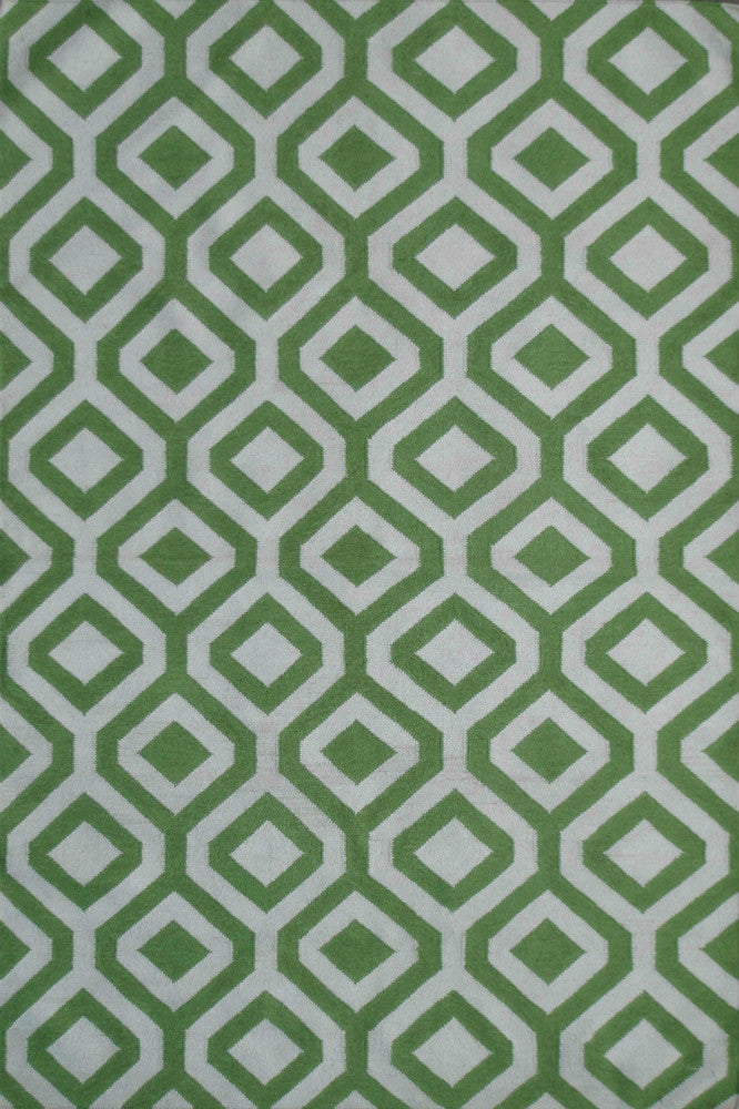 GREEN AND IVORY GEOMETRIC HAND WOVEN DHURRIE