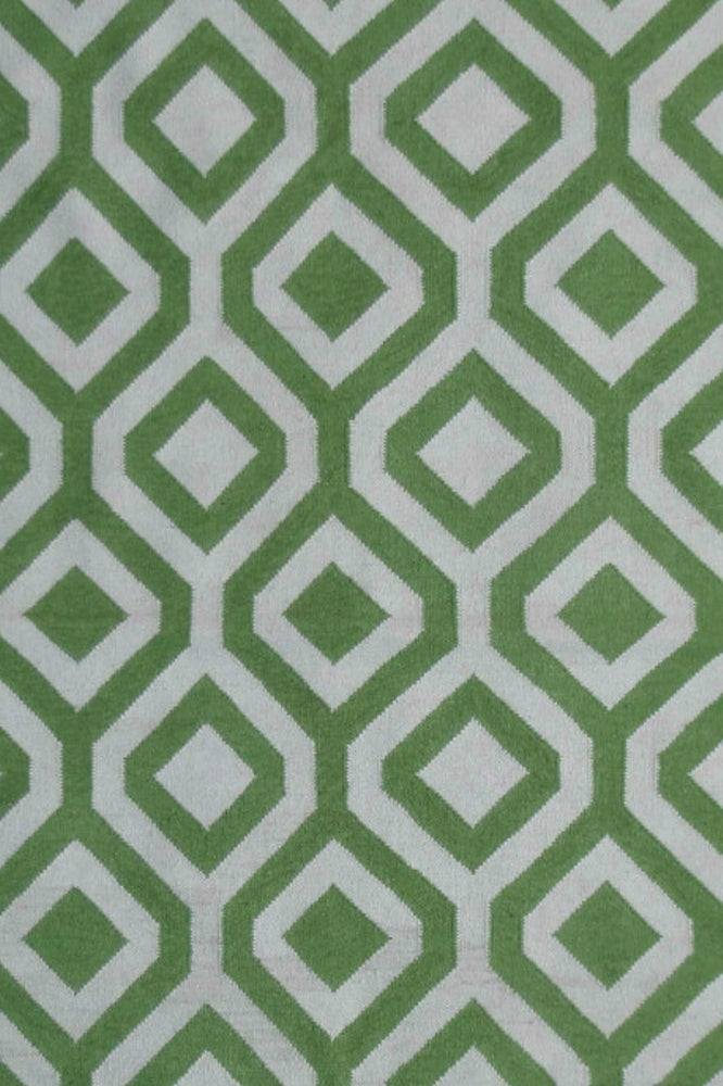 GREEN AND IVORY GEOMETRIC HAND WOVEN DHURRIE