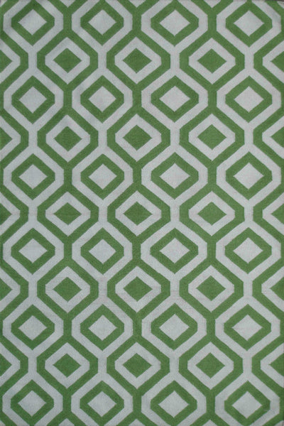 GREEN AND IVORY GEOMETRIC HAND WOVEN DHURRIE