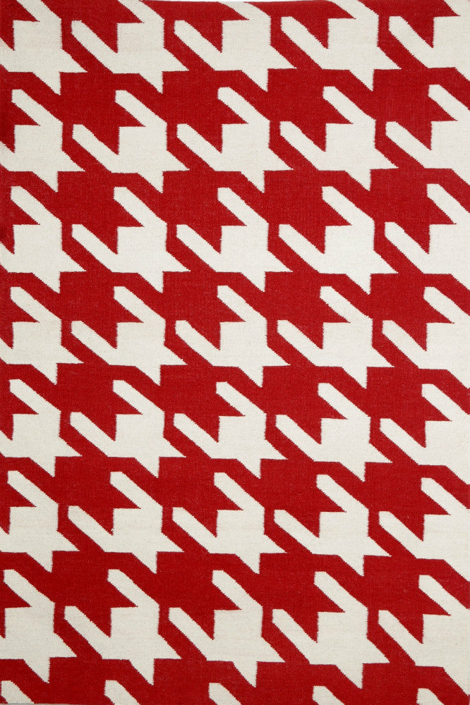RED IVORY HOUNDSTOOTH HAND WOVEN DHURRIE