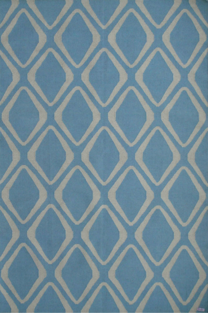 BLUE AND IVORY GEOMETRIC HAND WOVEN DHURRIE