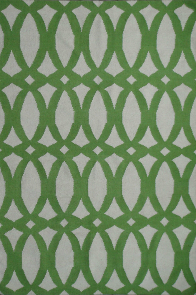 GREEN AND IVORY GEOMETRIC HAND WOVEN DHURRIE
