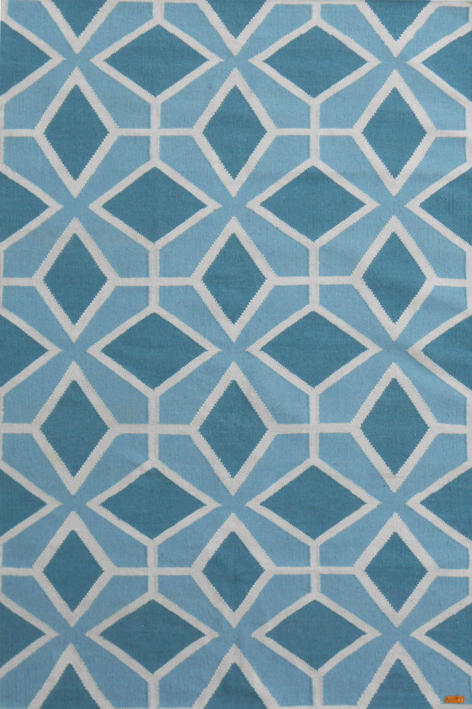 BLUE AND IVORY TRELLIS HAND WOVEN DHURRIE