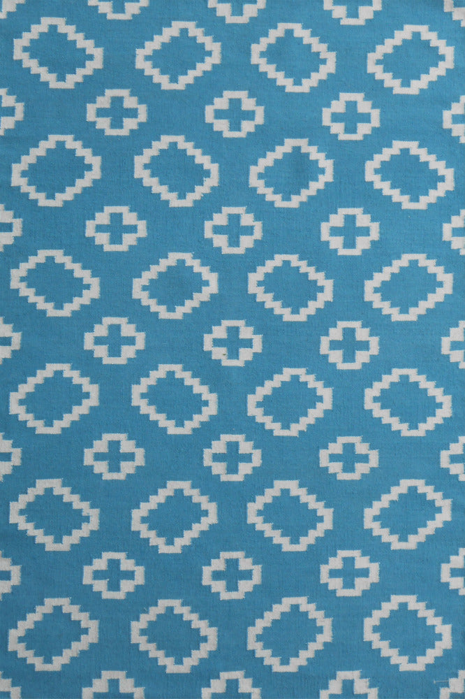 BLUE AND IVORY GEOMETRIC HAND WOVEN DHURRIE