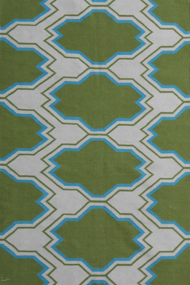 GREEN AND IVORY GEOMETRIC HAND WOVEN DHURRIE