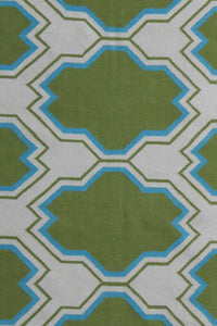 GREEN AND IVORY GEOMETRIC HAND WOVEN DHURRIE by Imperial Knots - Image 2