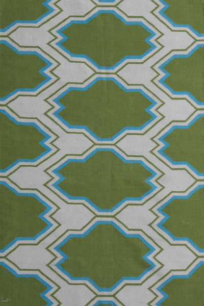 GREEN AND IVORY GEOMETRIC HAND WOVEN DHURRIE
