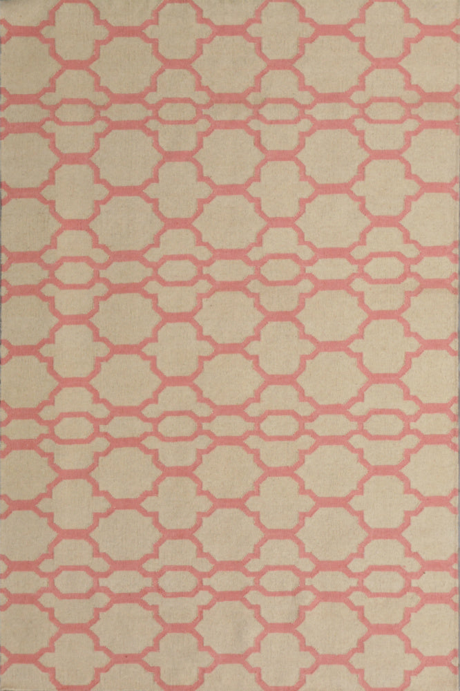 BEIGE AND PINK GEOMETRIC HAND WOVEN DHURRIE