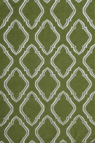 GREEN AND IVORY GEOMETRIC HAND WOVEN DHURRIE