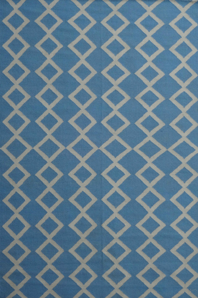 BLUE AND IVORY GEOMETRIC HAND WOVEN DHURRIE