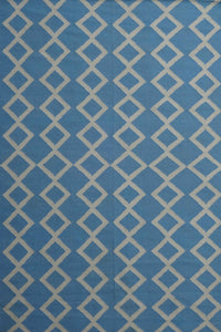 Blue and ivory geometric hand woven dhurrie wool hand-woven rug for bedroom