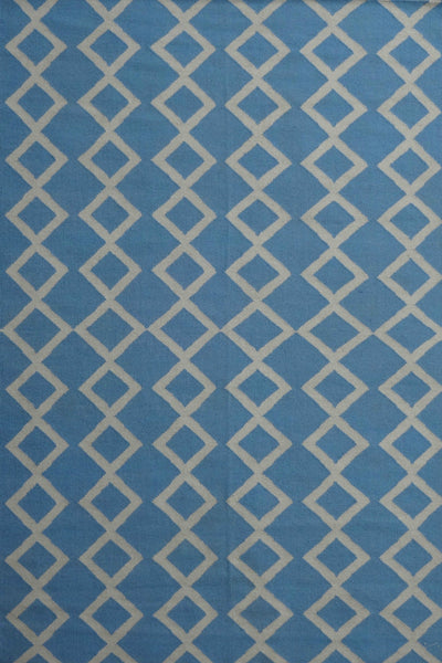BLUE AND IVORY GEOMETRIC HAND WOVEN DHURRIE