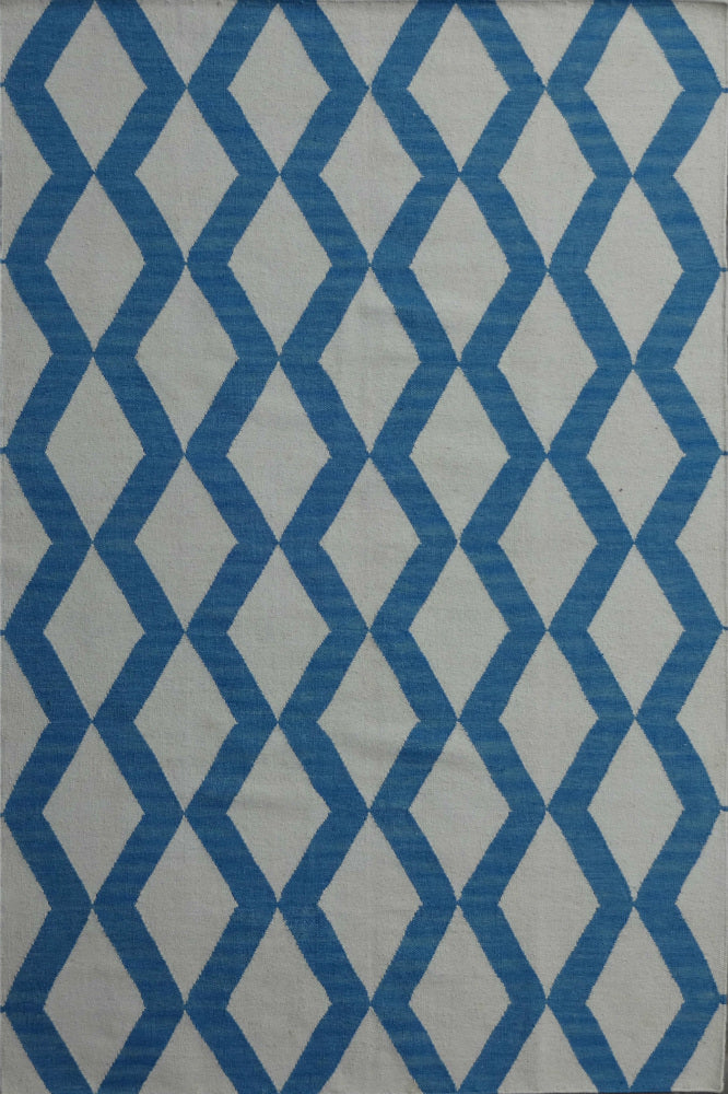 BLUE AND IVORY GEOMETRIC HAND WOVEN DHURRIE
