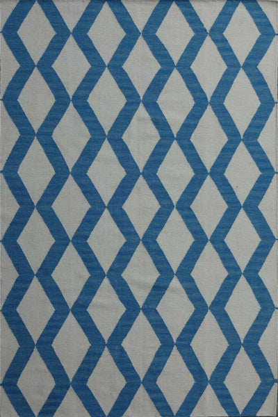 BLUE AND IVORY GEOMETRIC HAND WOVEN DHURRIE