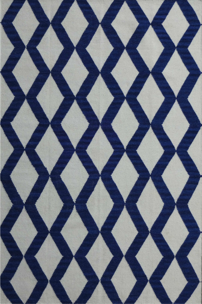 BLUE AND IVORY GEOMETRIC HAND WOVEN DHURRIE