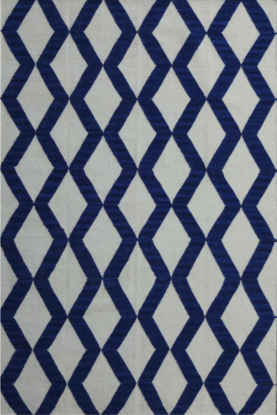 BLUE AND IVORY GEOMETRIC HAND WOVEN DHURRIE