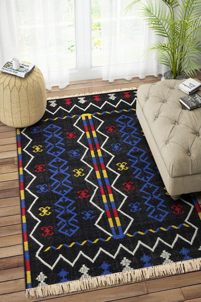 BLACK BLUE KILIM HAND WOVEN DHURRIE