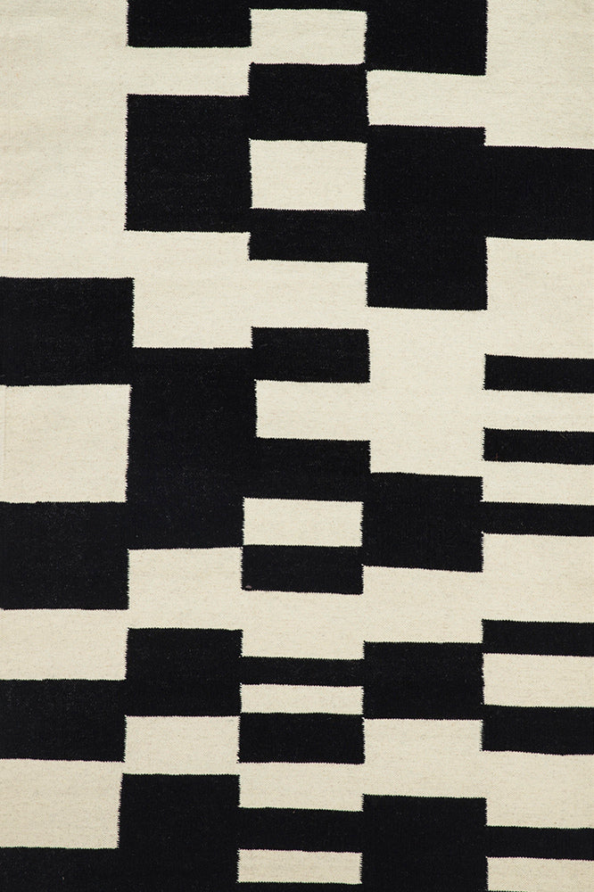 BLACK AND WHITE ABSTRACT HAND WOVEN DHURRIE