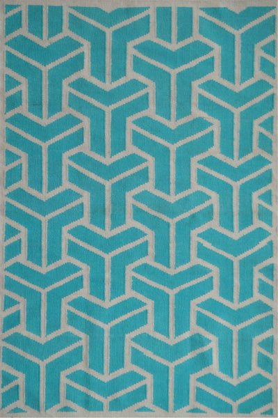 BLUE AND IVORY GEOMETRIC HAND WOVEN DHURRIE