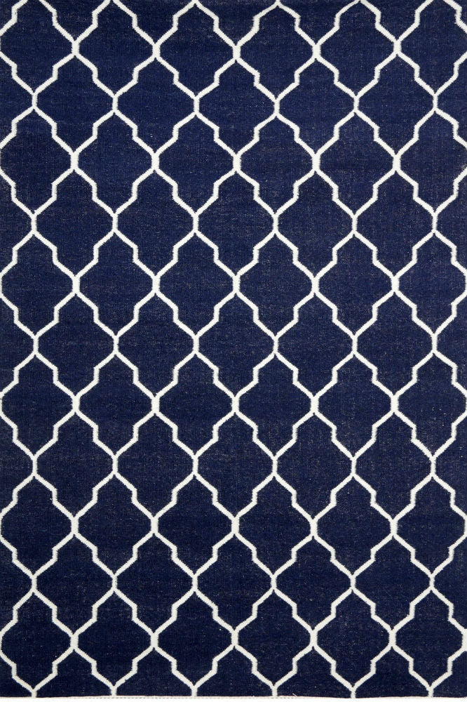 BLUE AND IVORY MOROCCAN HAND WOVEN DHURRIE