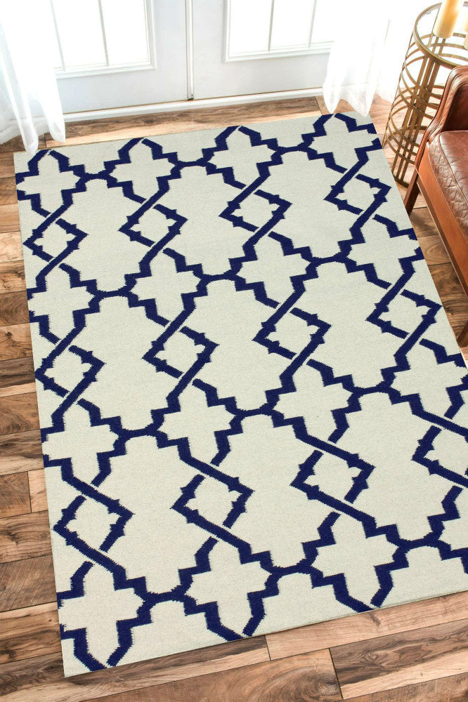 IVORY AND BLUE TRELLIS HAND WOVEN DHURRIE - Imperial Knots