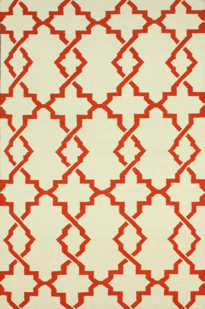 IVORY AND RED TRELLIS HAND WOVEN DHURRIE - Imperial Knots