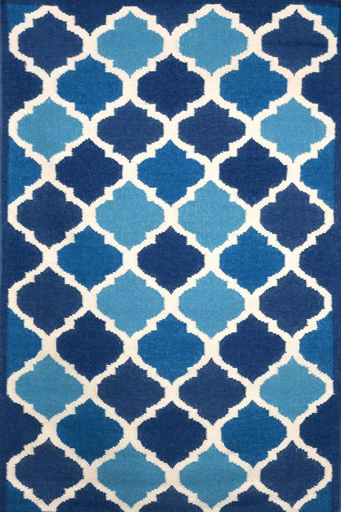 BLUE AND IVORY MOROCCAN HAND WOVEN DHURRIE - Imperial Knots