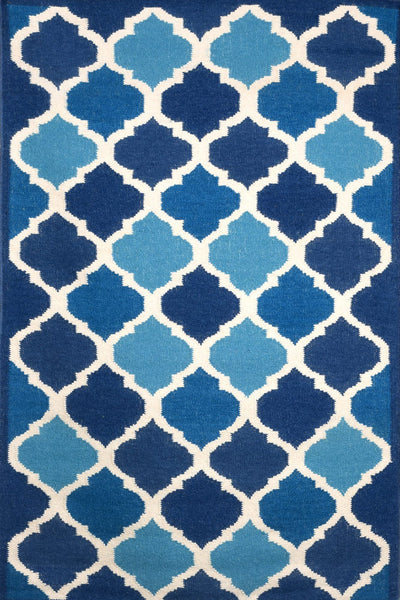 BLUE AND IVORY MOROCCAN HAND WOVEN DHURRIE