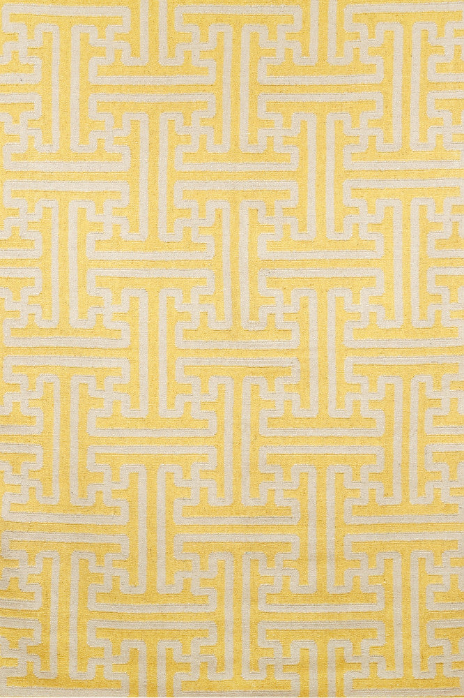 YELLOW AND IVORY GREEK KEY HAND WOVEN DHURRIE