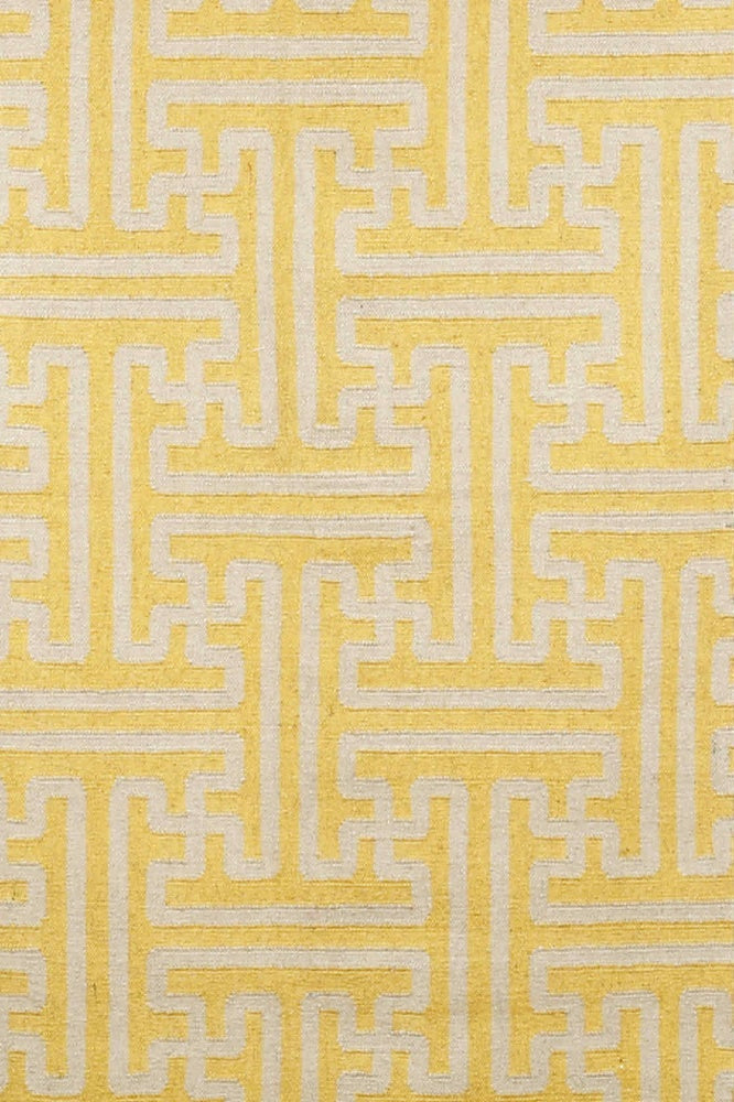YELLOW AND IVORY GREEK KEY HAND WOVEN DHURRIE