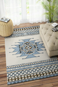 BLUE IVORY AZTEC HAND TUFTED CARPET by Imperial Knots - Image 2