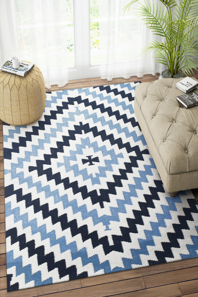 IVORY BLUE AZTEC HAND WOVEN KILIM DHURRIE by Imperial Knots - Image 2