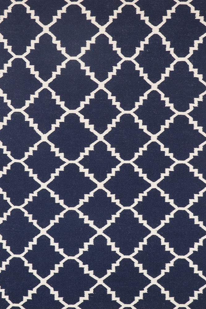 BLUE AND IVORY MOROCCAN HAND WOVEN DHURRIE