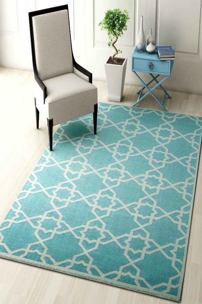 BLUE AND IVORY TRELLIS HAND WOVEN DHURRIE