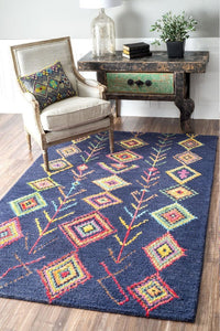 NAVY BLUE MULTICOLOR GEOMETRIC HAND TUFTED CARPET by Imperial Knots - Image 2