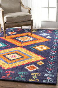NAVY BLUE MULTICOLOR GEOMETRIC HAND TUFTED CARPET by Imperial Knots - Image 2