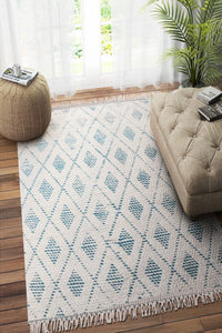 IVORY AND BLUE KILIM HAND WOVEN DHURRIE by Imperial Knots - Image 2