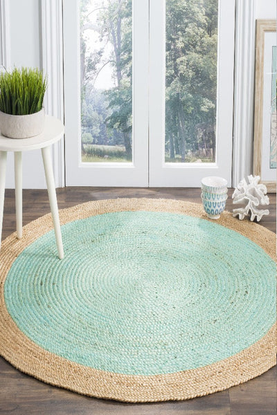 MINT GREEN AND NATURAL ROUND JUTE HAND WOVEN DHURRIE